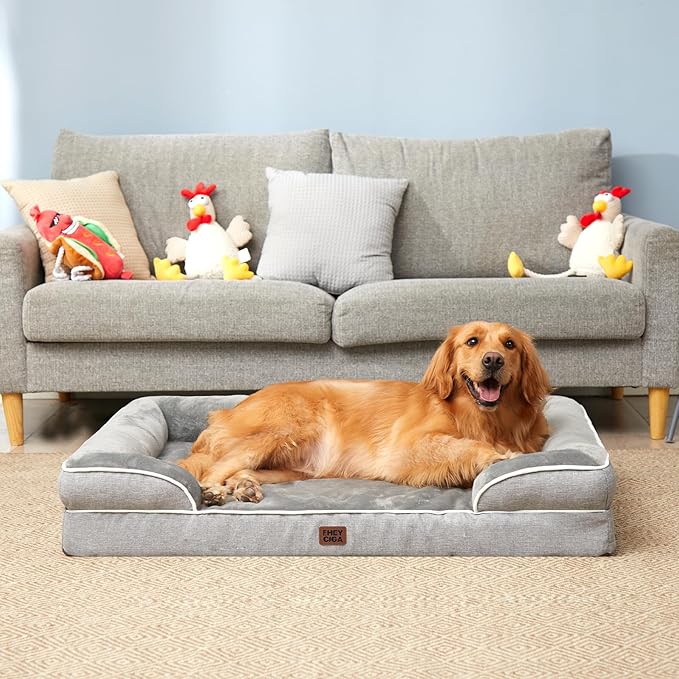 EHEYCIGA Orthopedic Dog Beds for Large Dogs, Waterproof Memory Foam Large Dog Bed with Sides, Non-Slip Bottom and Egg-Crate Foam Pet Couch Bed with Washable Removable Cover, Grey