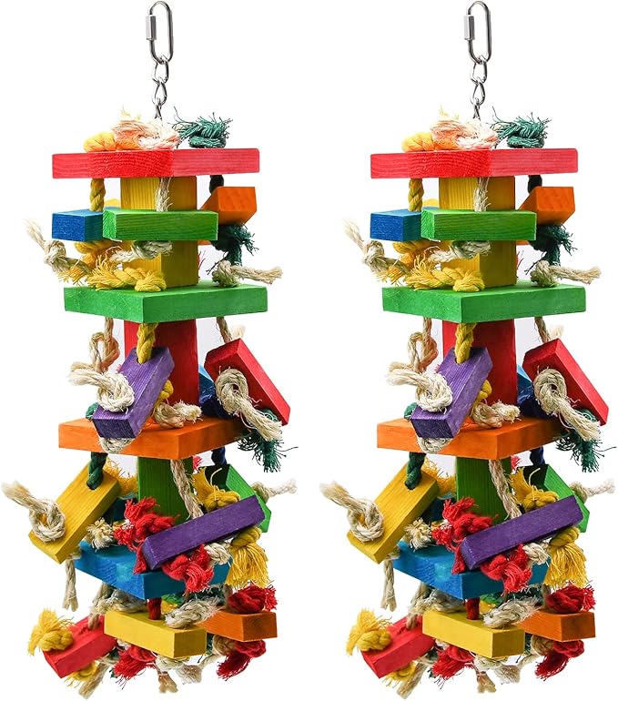 RUBY.Q 2 Pack Large Parrot Toy, 20in Bird Parrot Toy, Multicolored Natural Wooden Bird Chewing Toys for Large Macaws, African Grey and a Variety of Amazon Parrots