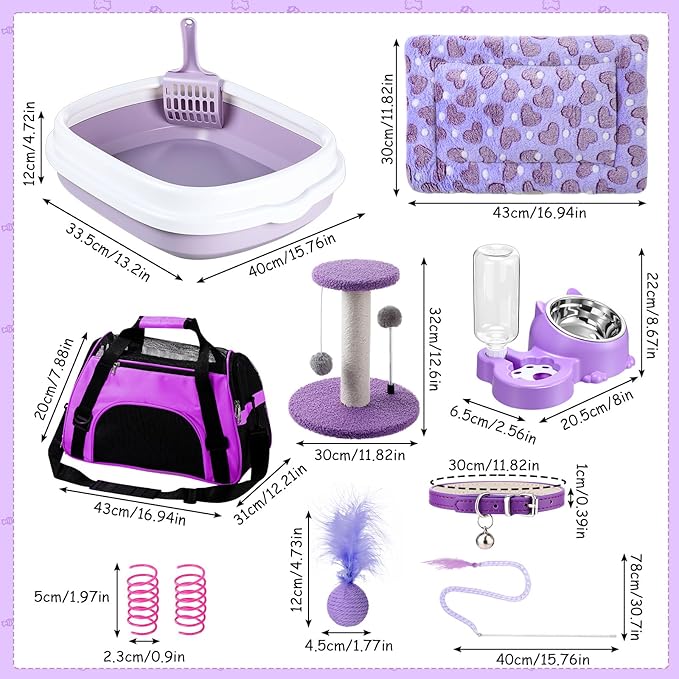 Eccliy Kitten Starter Kit, 10 Pcs Cat Starter Kit for Indoor Cats Kitten Essentials Includes Litter Box, Pet Toy, Folding Carrier, Climbing Frame, Mat, Collar, Automatic Food Bow(Cute,Purple)