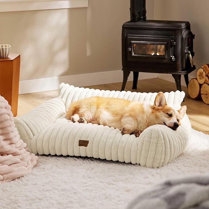 Bedsure ComfyFleece™ Cute Dog Couch for Medium Dogs - As Seen on TV on Good Day New York, Dog Couch Bed with Removable, Washable Cover, Supportive Pet Sofa, for Medium Large Dogs, 36inch, Cream
