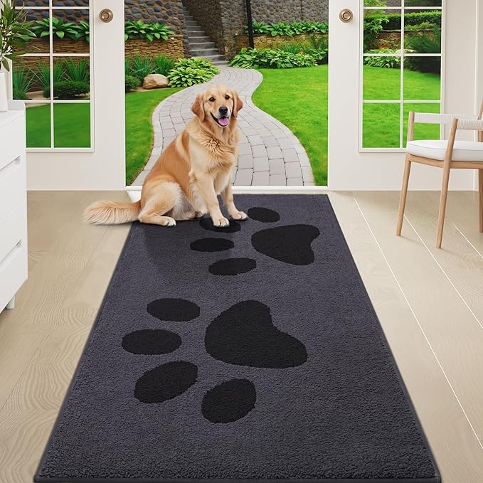Buganda Dog Door Mat for Muddy Paws, Absorbent Dirt Trapper Washable Indoor Doormats, Non Slip Low-Profile Mud Mat for Dogs, Front Entrance Doormat for Inside Floor (59x24 Inches, Black)