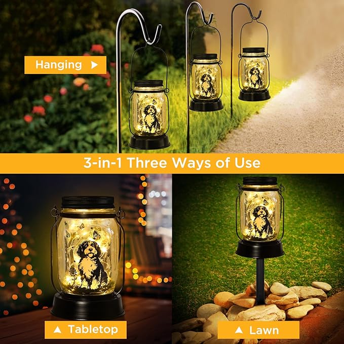 Portuguese Water Dog Gifts for Women/Men Portuguese Water Dog Solar Lanterns Mom Birthday Pet Lovers Lantern Pet Loss Memorial Lights Solar Garden Decoration for Yard, Patio,Backyard,Porch Lights