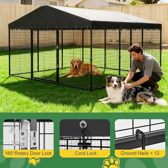 Gotland Dog Kennel Outdoor 10 x10 x6 FT, Dog Cage Outdoor for Medium/Large Dogs with Waterproof Roof Double Secure Locks Ground Spikes, All Weather Heavy Duty Dog Enclosure for Backyard Farm Ranch