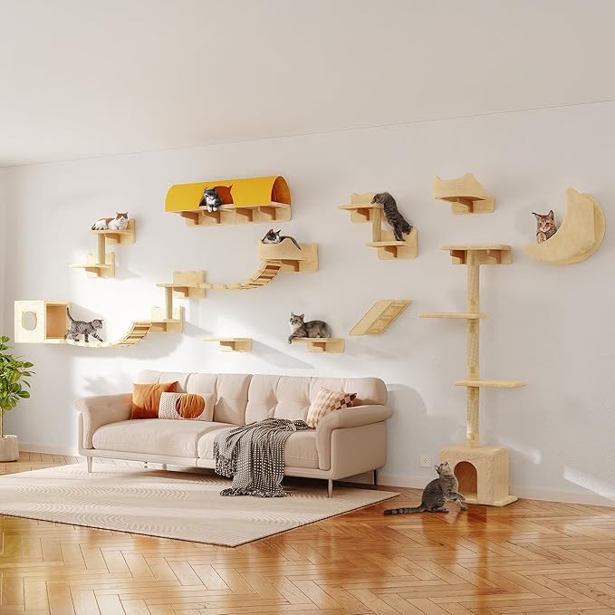 20-in-1 Cat Wall Shelves, Wall Mounted Pet Furniture w/Plush Fabric, Cat Climbing Wall System, 63'' Cats Tower w/Scratching Posts, Cats Shelf with 40''L Tunnel, Condos, House, Step and Ladder
