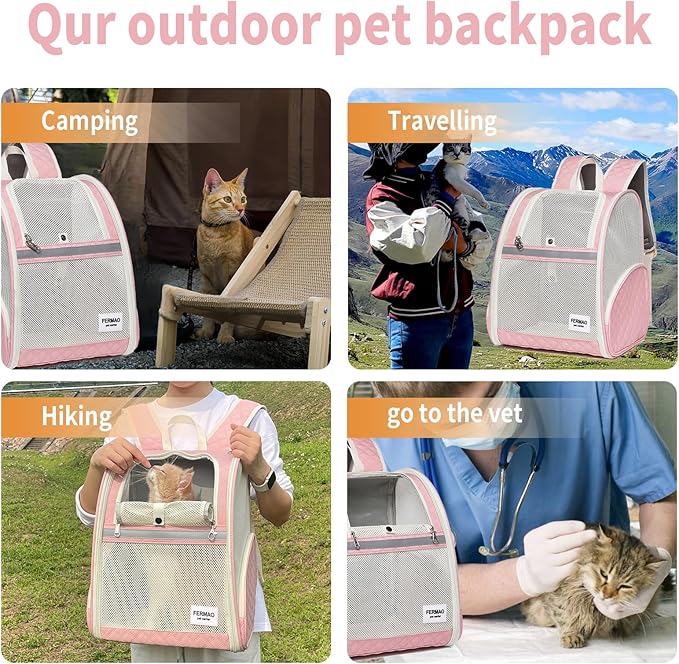 Cat Backpack Carrier for Small Dogs and Medium cat Puppy Kitten Bunny Pet Carrier Backpack Collapsible with Fully Ventilated Mesh with Safety Leash (Pink, 12.9" L x 10.62" W x 15.5" H - M)