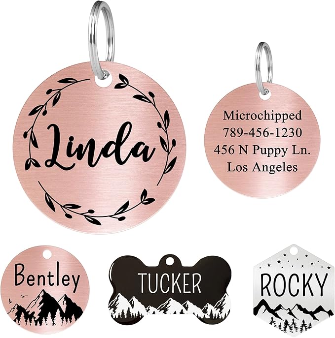 Ultra Joys Personalized Stainless Steel Dog and Cat Tags, Front and Back Engraving, Round Tag with Vine Design, Rose Large