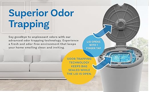 Odor Trapping Litter Pail – Odorless Cat Litter Pail with Lid & 6 Month Supply of Refill Bags and Scooper– One-Finger Tap Lid Opening