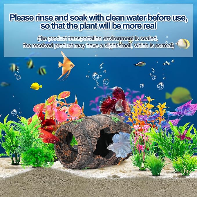 CousDUoBe Fish Broken Barrel Decor Fish Tank Decorations Betta Fish Tank Accessories,Starfish Barrel x 1pc, Aquarium Plants x 11pcs