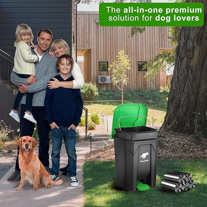 Dog Poop Trash Can Outside, 20L/5Gallon Dog Waste Trash Can with Lid, Pedal and Removable Inner Waste Bin, Pet Poop Bucket with 100 Bags, Green
