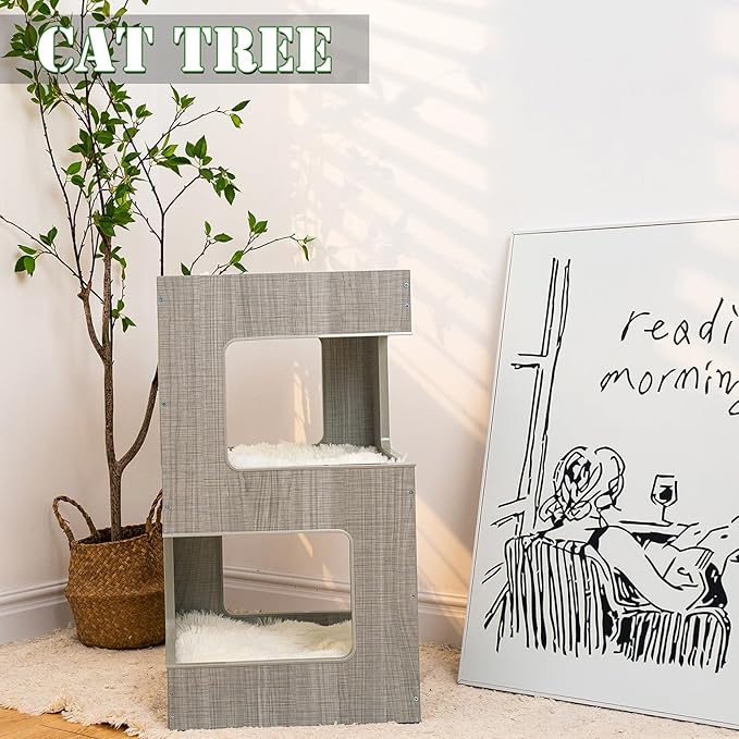 ACH Modern Cat Furniture Cat Tree Spacious Perch Multi-Level Cat Tower for Indoor Cats 27.5 Inch Luxury Cat Tree Stand House for Kittens with Removable Soft Blanket and Condo