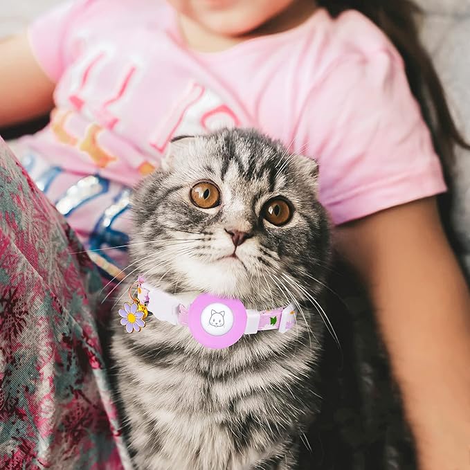 Airtag Cat Collar, JXFUKAL Kitten Collar Breakaway with Silicone Airtag Holder, Bells & Flower Charm for Girl Cats Boy Cats Small Dogs(Purple)