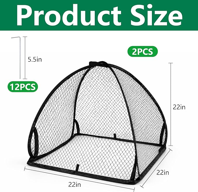DECOHS 2 Pcs Pop-Up Mesh Plant Cover Tent, 22 x 22 x 22 Inch Garden Net Cage Guard Cover, Plant Protector Enclosure with 12 Ground Stakes for Protecting Plants Vegetable Fruit from Birds Insects