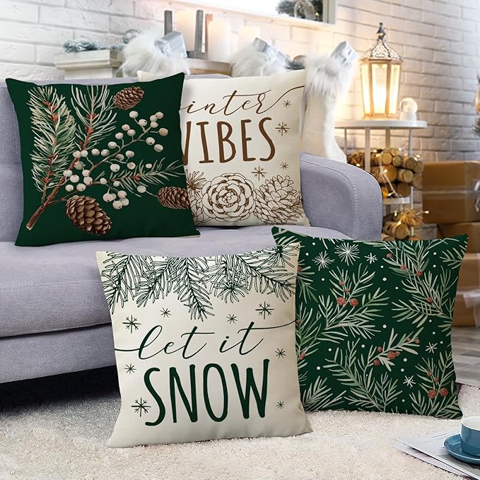 Fahrendom Winter Vibes Green Decorative Throw Pillow Covers 18 x 18 Set of 4, Let It Snow Pine Cones Needle Berry Porch Patio Outdoor Pillowcase, Christmas Seasonal Sofa Couch Cushion Case Home Decor