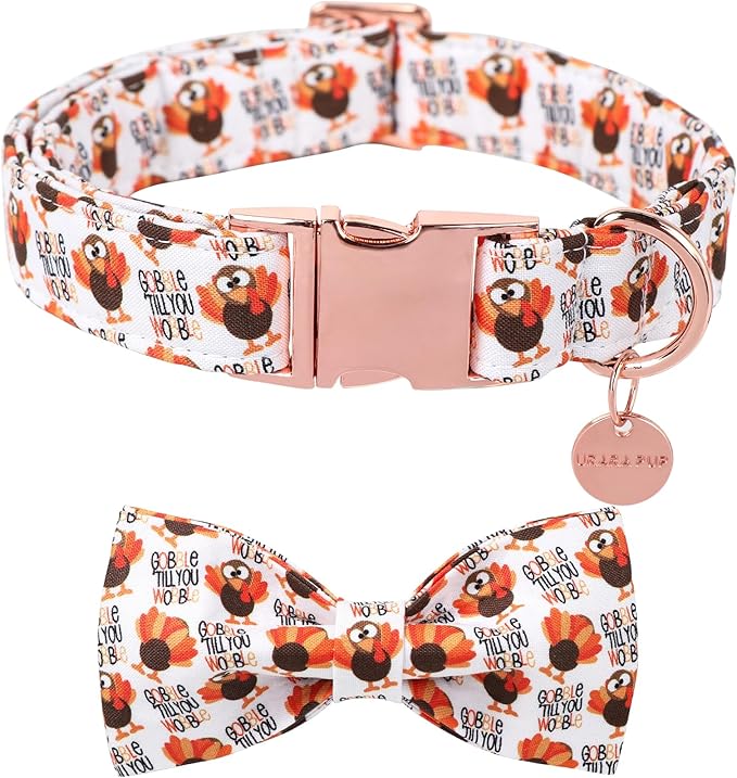 Thanksgiving Dog Collar with Bow Tie, Turkey Cotton Bowtie Collar for Puppy Girl Dog or Cat, Autumn Bow Tie Collar with Durable Metal Buckle, Turkeys Pet Collar,M, Neck 13.5-22in