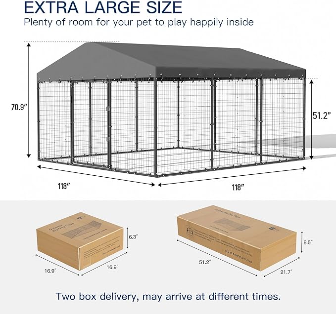 Kullavik 10x10x6 FT Large Outdoor Dog Kennel,Anti-Rust Galvanized Steel Dog Pen with Double Locks,Heavy Duty Dog Enclosure Fence with UV & Water Resistant Roof Cover for Outside