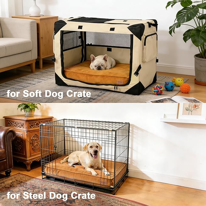 FUKUMARU 5.5-Inch Thick Dog Bed Mat, Washable Cat Bed with Waterproof Lining, Orthopedic Dog Beds for Senior Dogs, Cozy Flat Dog Kennel Bed for Crate, Non-Slip Pet Pillow Bed, Orange