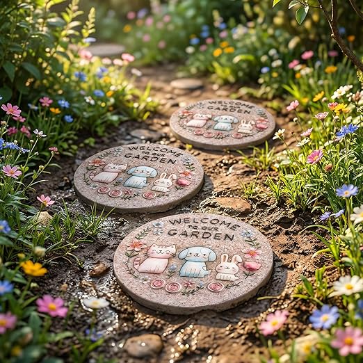 Garden Stepping Stones Outdoor, 9.8" Resin Pet Cat Dog Bunny Stepping Stone for Walkway Gardening Gifts, Spring Decorative Round Welcome to Our Garden Home Decor for Outside Yard Patio Lawn