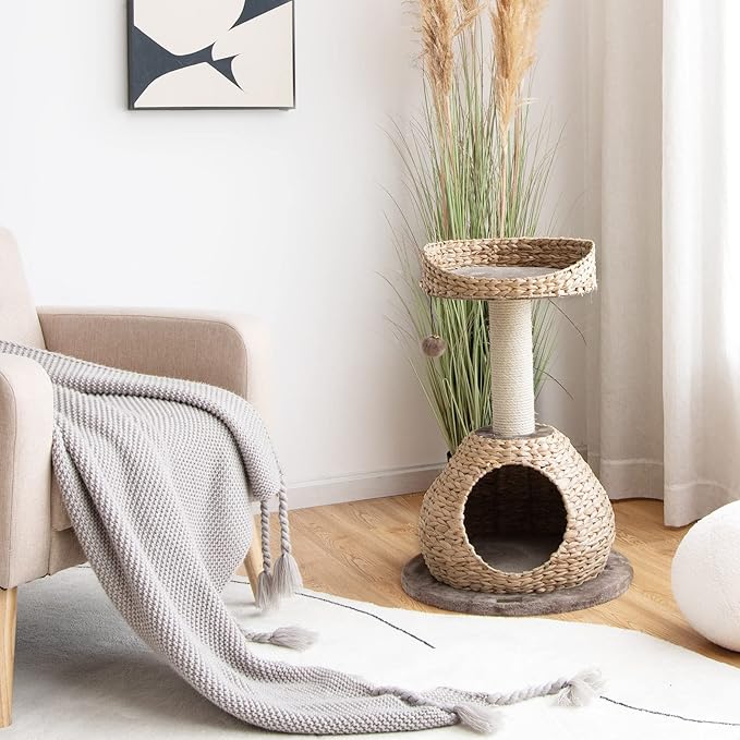 PETSITE Modern Cat Tree Tower, Paper Rope Natural Bowl Shaped with Perch, Scratching Post, Rattan Cat Activity Tree for Kittens, 28" Tall