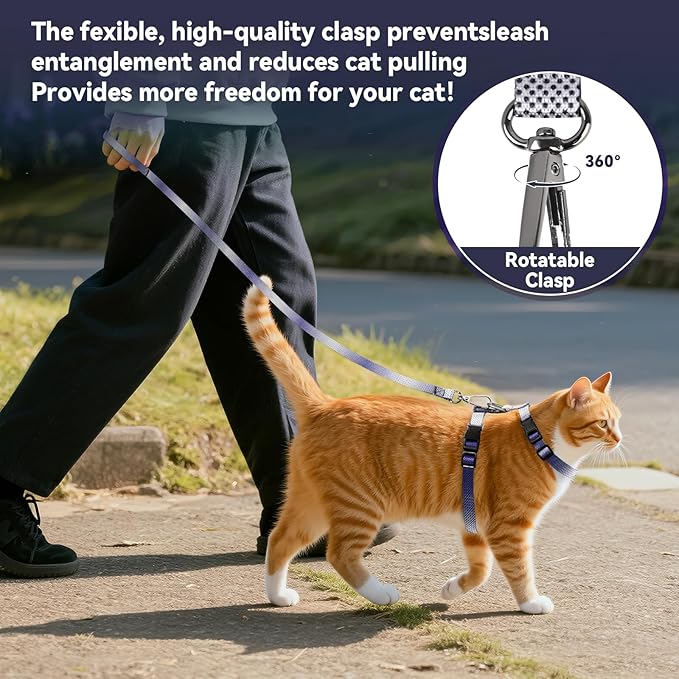 Cat Harness and Leash Set, 3-in-1 Escape Proof Adjustable, Comfortable Soft Lightweight, Safe, Easy to Wear, Walking Travel Kitten Harness for Small Medium Large Cats (Purple)