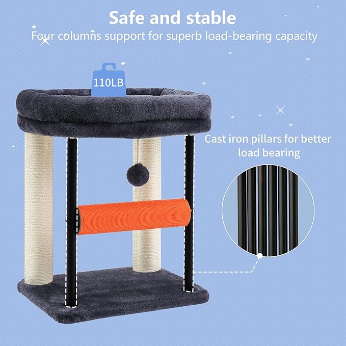 Hey-brother Cat Tree, Cat Scratching Posts with Bed, Sturdy Tower with Fully Sisal-Wrapped Columns and Plush Toy Ball for Indoor Kittens, 18.9 inches, Smoky Gray MPJ010SG