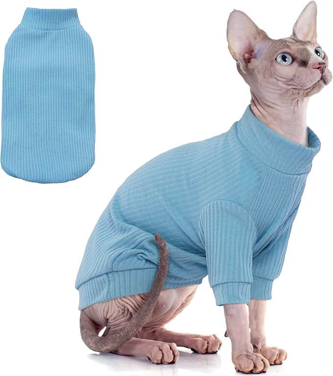 PUMYPOREITY Cat Clothes, Stretchy Cat Shirt, Cat Sweater with Sleeves, Sphynx Cat Clothes, Soft Cat Shirts for Cats Only, Pullover Cat Pajama for Sphynx Hairless Cat, Devon Rex, Blue, L