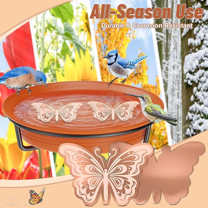2Pcs Bird Bath Copper Disk, 0.6mm Reinforced 99.9% Pure Copper Cleaning Disk for Physical Clean Water, All-Season Use Cleaner for Outdoor Birdbaths Bowl Garden Fountain (Butterfly)