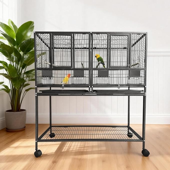 43'' Wrought Iron Birdcage with Detachable Rolling Stand & Feeder, Large Bird Cage with Secure Lock & Slide-Out Tray, Indoor Outdoor Bird Cage on Wheels,Parrot Cages for Parakeets, Pigeons, Black