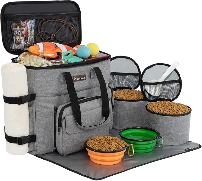 Modoker Dog Travel Organizer with 2 Collapsible Bowls for Supplies & Accessories, Airline Approved Dog Tote Pet Travel Bag with 2 Travel Food Container
