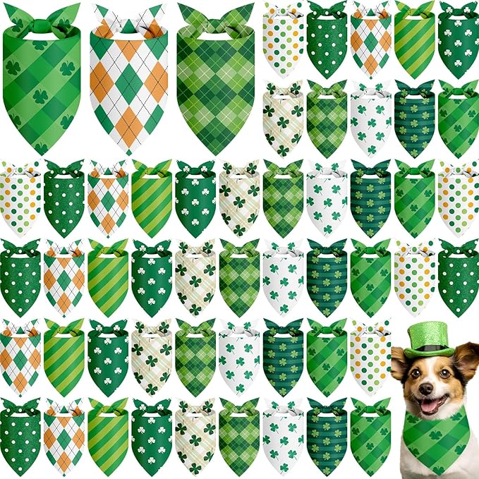 Weewooday 50 Pcs St Patricks Day Bandanas Bulk for Dogs Adjustable Irish Shamrocks Clover Green Plaid Triangle Soft Bibs Puppy Bandana for Small Medium Large Cat Pet Costume(25.6 x 17.7 x 17.7 Inch)
