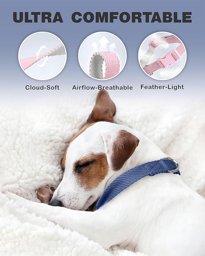 Dynmeow Soft and Breathable Cotton Dog Collar, Durable Adjustable Heavy-Duty Pet Collar with Quick-Release Buckle, Lightweight for Sensitive Skin for Large Dogs, Navy-Blue, L