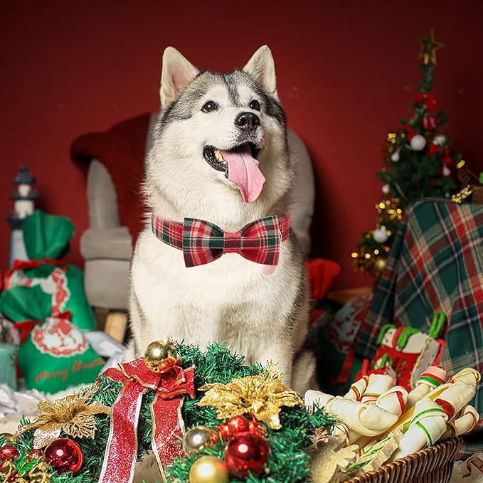 Christmas Plaid Dog Collar with Bow Tie– Adjustable Red & Green Checkered Dog Collar for Small Medium Large Dogs, Soft Xmas Plaid Puppy Collars with Quick Release Buckle L