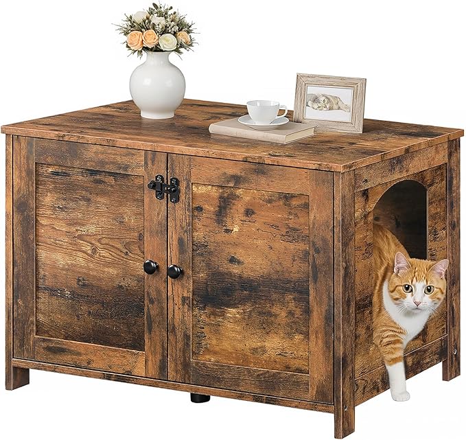 HOOBRO Litter Box Enclosure, Cat Litter Box Furniture with Removable Divider, Large Hidden Litter Box Furniture, Wooden Cat House, End Side Table, 31" L x 17.5" W x 19.7" H Rustic Brown BF03MW01G2