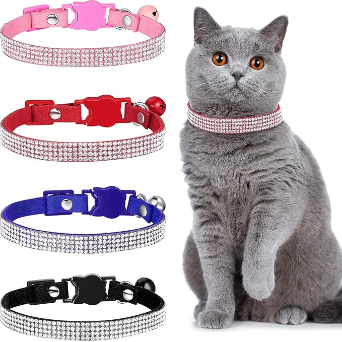 Weewooday 4 Pieces Rhinestones Cat Collars Breakaway Cat Collar with Bell Bling Pet Accessories with Soft Velvet, 4 Colors(S,Pink, Red, Black, Blue)