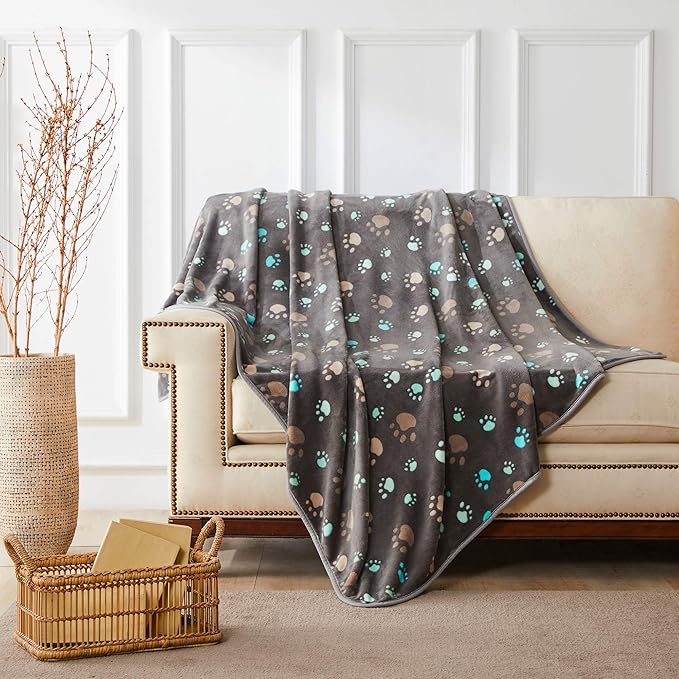 Allisandro 350 GSM-Super Soft and Premium Flannel Fleece Pet Dog Blanket, The Cute Print Design Washable Fluffy Blanket for Extra Large Puppy Cat Kitten Indoor or Outdoor, Grey, 80 x 64 Inches