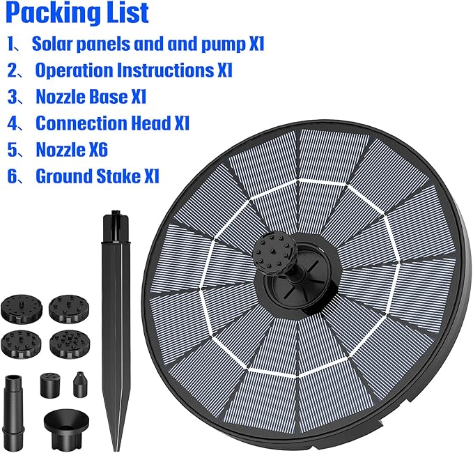 AISITIN DIY Solar Fountain Pump for Water Feature with 3.9ft Cord, Solar Bird Bath Fountain with 6 Nozzles, Solar Powered Water Floating Fountain for Bird Bath, Garden, Ponds Fish Tank, Outdoor
