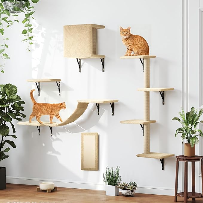 COZIWOW Wall Mounted Cat Furniture, Cat Wall Shelves and Perches, Floating Cat Shelves for Wall Set of 5(Beige)