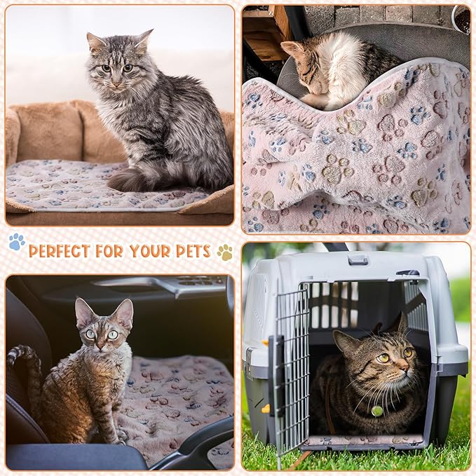 Tatuo 4 Pcs Dog Blanket for Pet Cat Blankets Indoor Puppy Teething Stuff Toys Paw Print Fleece Soft Blanket Sleep Mat for Guinea Pig Cage(Beige,X-Large(41 x 30 Inch),Square)