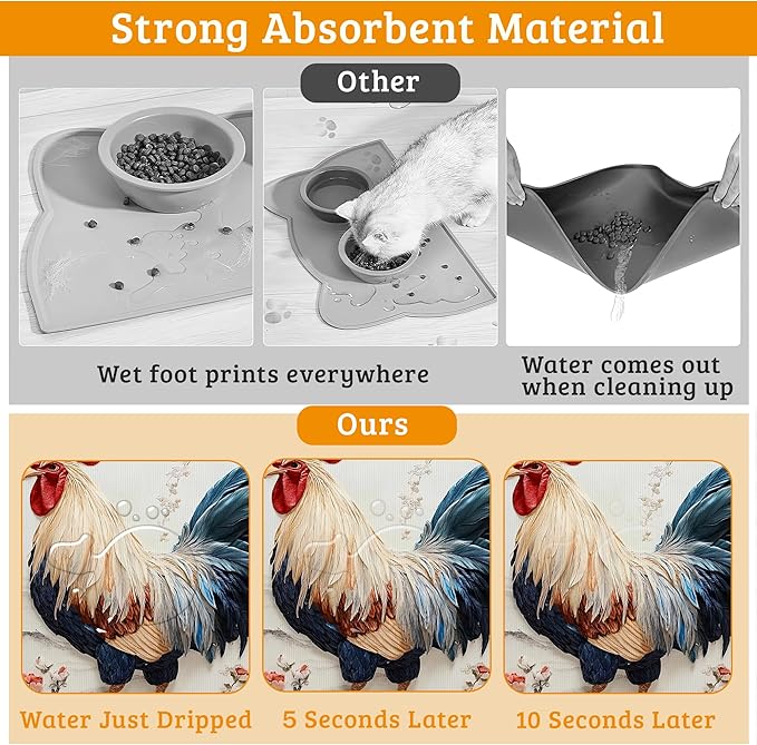 Dog Bowl Mat,Chicken Painting Pet Feeding Mat for Floors Waterproof,Flowers Absorbent Dogs Placemat for Food and Water Quick Dry Pet Cat Feeding Mats with Non Slip Bottom 12" x 20"