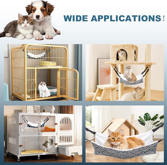 2 Pieces Cat Hammock for Cage Hanging Reversible, Soft Pet Cage Hammock with Adjustable Straps, Double Hammock Suitable for Cats, Puppy, Ferrets, and Small Animals (M, CAT) ﻿