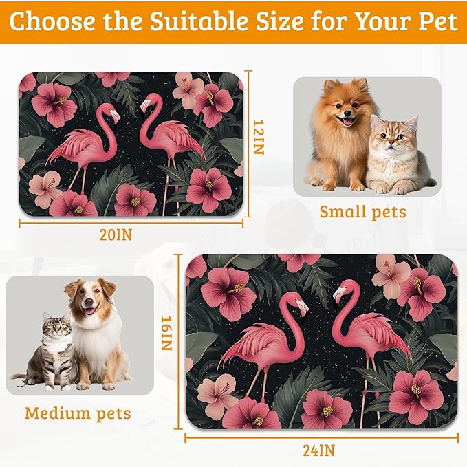 Pet Feeding Mat,Pink Flamingo Absorbent Dog Cat Food Mat Palm Leaves Dog Mat with Rubber Backing,Non-Slip Water Bowl Placemat,Pet Supplies 12" x 20"