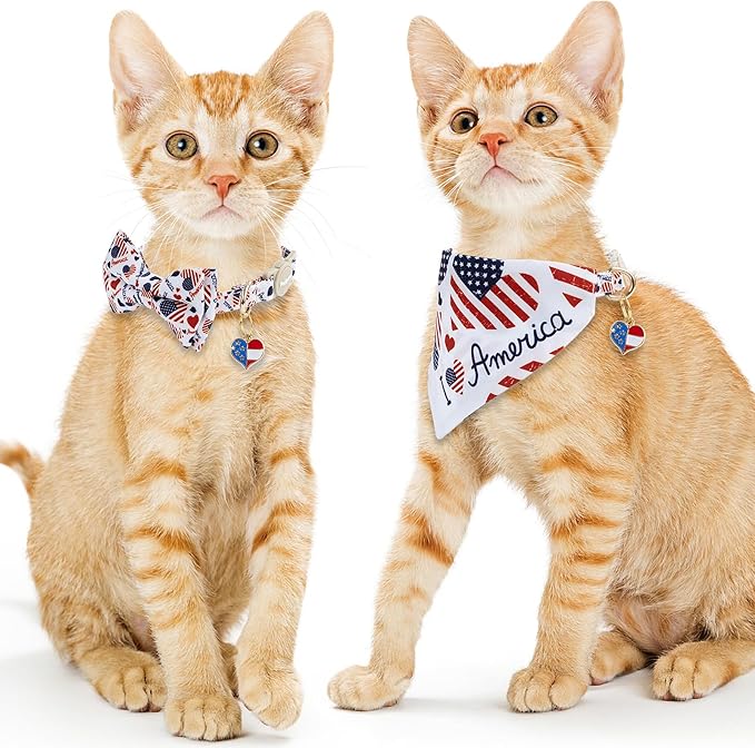 Faygarsle 2 Pack Patriotic Pet Collar Set with Bandana and Bow Tie, American Flag Pattern, White and Navy