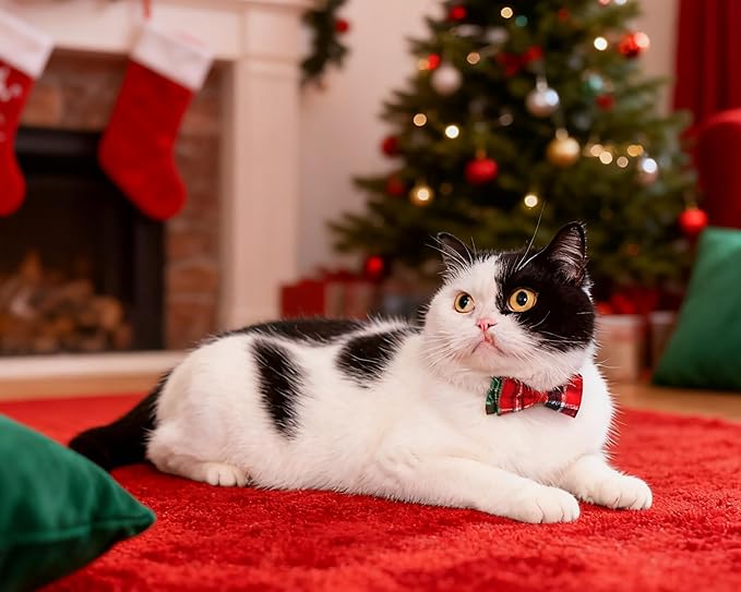 Collar for Cat Pet Breakaway with Bell Bowtie Detachable Bow Adjustable Safety Kitten Puppy Girl Boy 2pcs Christmas-B