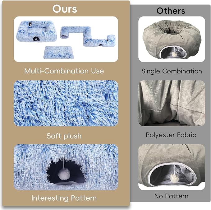 Extra Large Cat Tunnel Bed, 4 Ways Tunnels for Indoor Cats, Multi-cat Family Pet Bed & Cave, Plush Cat Donut with Washable Middle Mat, Exit Balls, Pet Play Toy for Kitten Puppy Rabbit, Blue