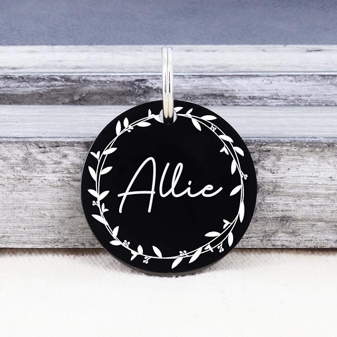 UltraJoys Stainless Steel Pet ID Tag Dog Name Tags Personalized Front and Back Engraving, Customized Dog Tags and Cat Tags, Optional Engraved on Both Sides, Round Tag with Vine Design 2, Small Black