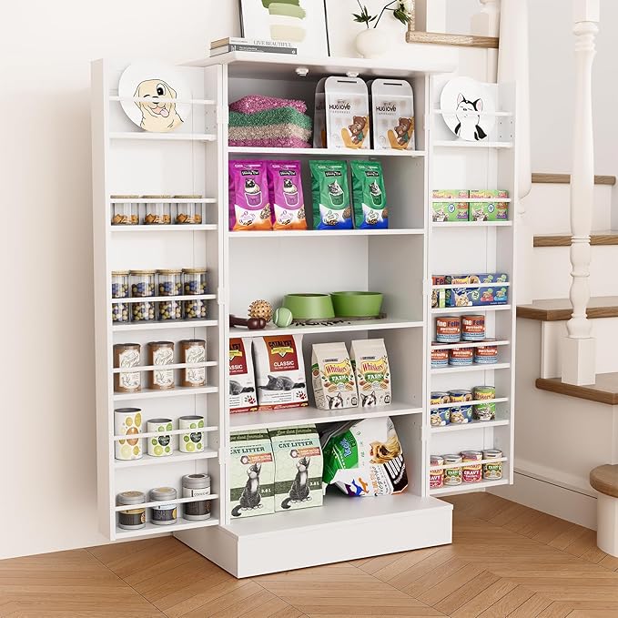 47" Dog Food Storage Cabinet with Doors and Adjustable Shelves, Freestanding Pet Storage Container Organizer for Living Room and Dinning Room, White