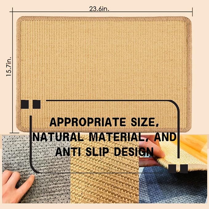 2Pack Cat Scratching Mat,23.6 X 15.7 Inch, Sisal Cat Scrater Mat with Jute Border,Protect Sofas, Carpets,Floor, Bed,and cat Paws,Beige