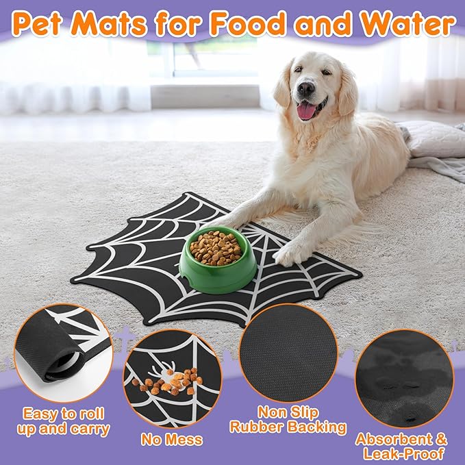 Pet Mats for Food and Water Dog Cat Food Mats Pet Feeding Mat Anti-Slip No Stains Quick Dry Floors Waterproof Placemat for Pet Food Water Bowl Mat Halloween Decorations - 23.6"x15.7" Spider Web