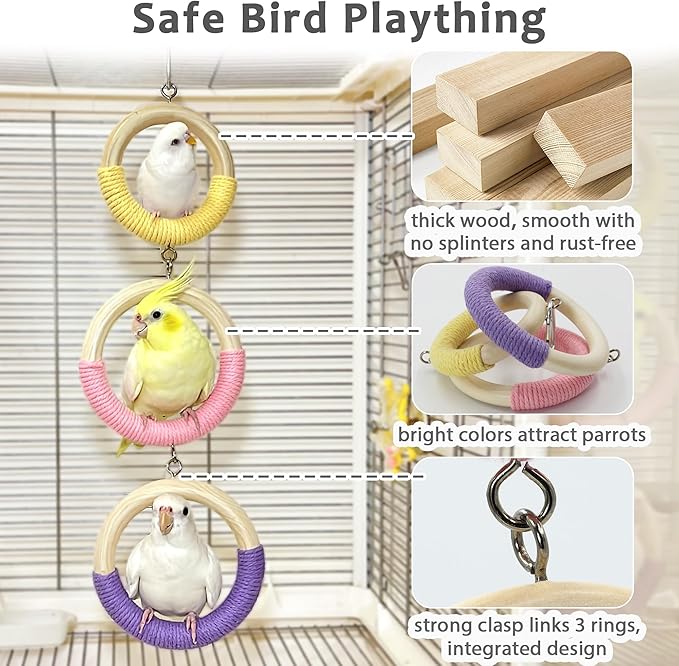3-Ring Bird Swing Toy, Wrapped with Cotton Rope for Parrots Soft Grip, Thick Wood Parakeet Swing Perch for Cage, Hanging Climbing Bird Toys for 2-3 Parrots Budgies, Lovebirds, Cockatiels