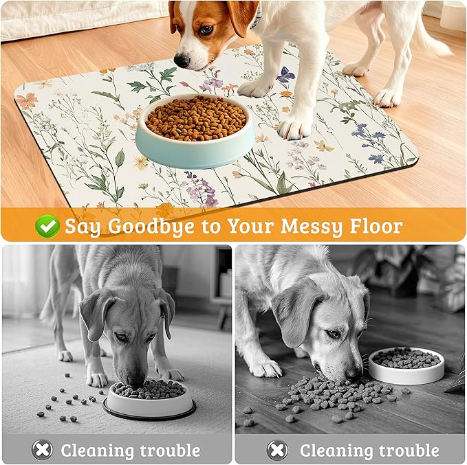 Wildflowers Butterfly Dog Cat Food Mat,Plants Absorbent Waterproof Placemat for Food and Water Non Slip Rubber Backing Durable Feeding Pad for Clean Floors 12" x 20"