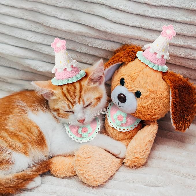 Sanwuta 2 Pcs Cat Birthday Party Supplies, Knit Cat Hat Kitten Birthday Bib Knit Bandana Pet Party Costume Headwear Accessories for Puppy Kitten Small Dogs Animals(Pink)
